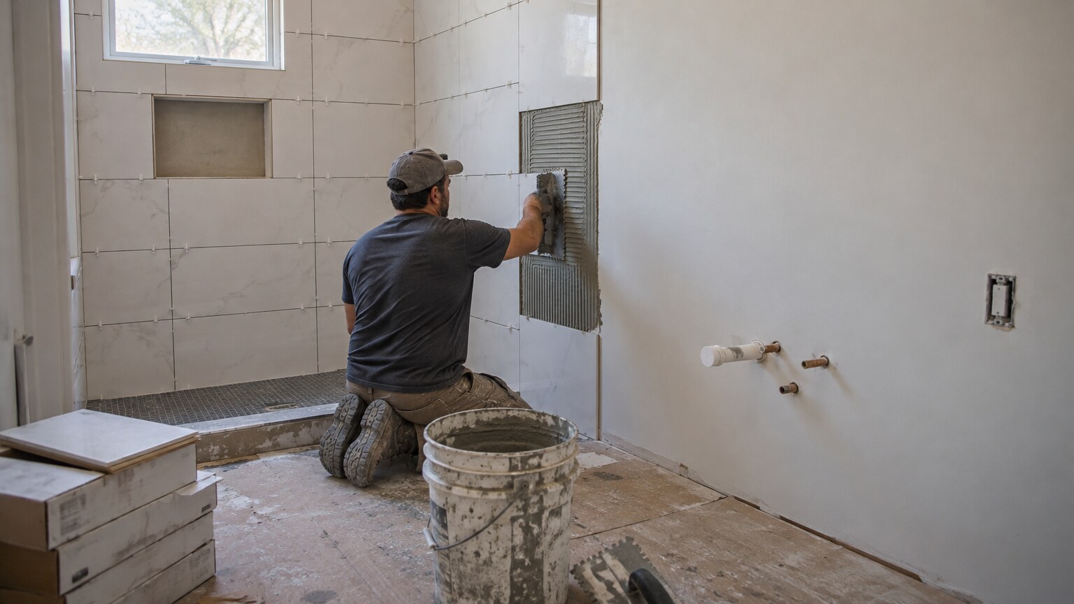 A tile setter setting wall tile in a shower during a bathroom remodel, with tile boxes and a bucket of thinset on the floor.