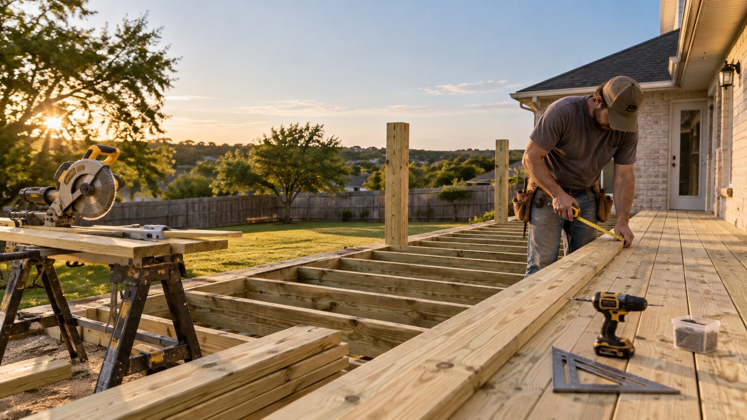 A carpenter building a wood deck at sunset behind a Texas house, with a miter saw on sawhorses and new decking boards.