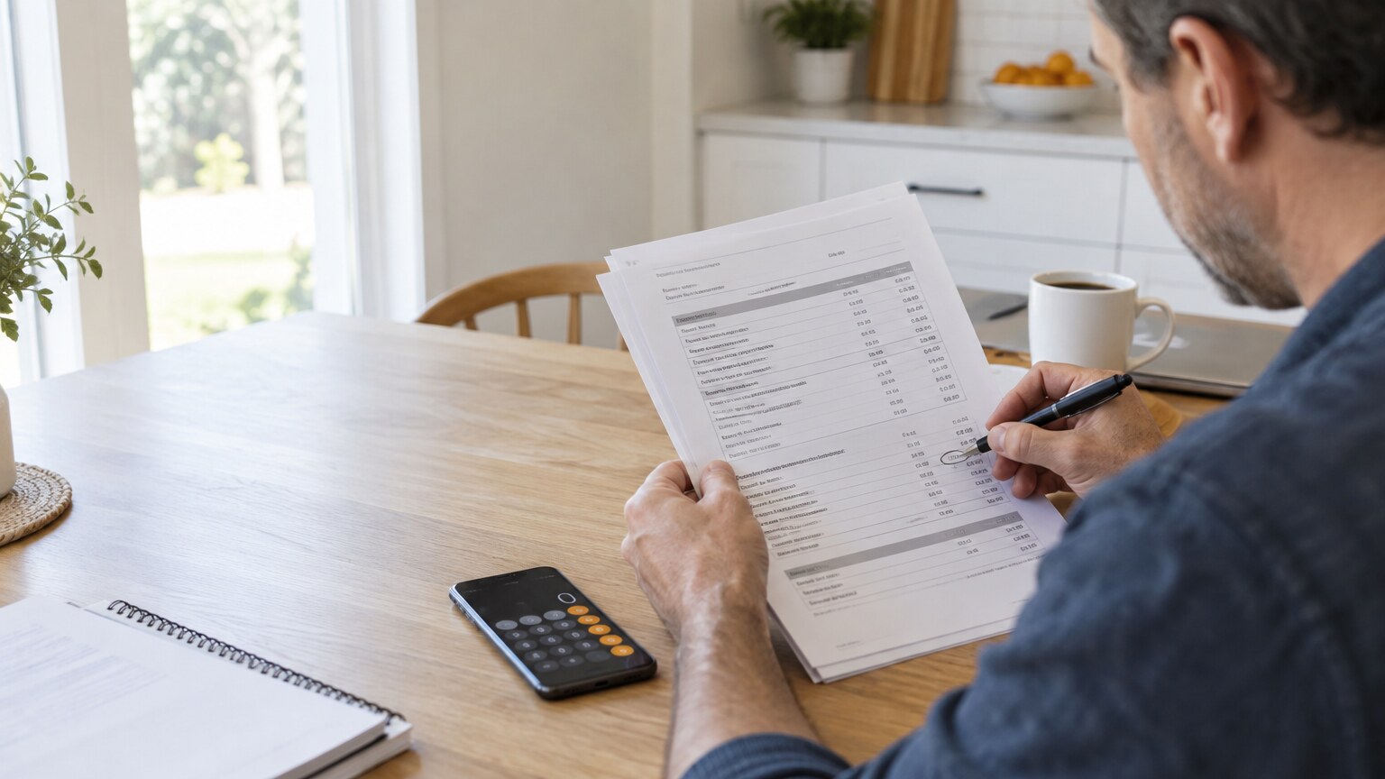 A homeowner at a kitchen table circling one line of a printed contractor quote with a pen, a phone calculator beside the pages