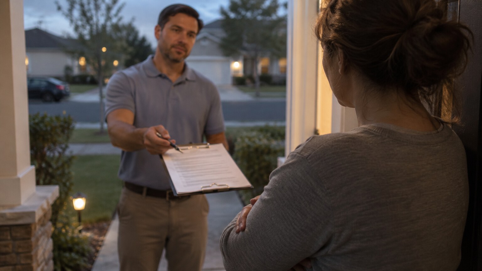A salesperson at a front door at dusk holding out a clipboard and pen to a homeowner who stands with her arms crossed