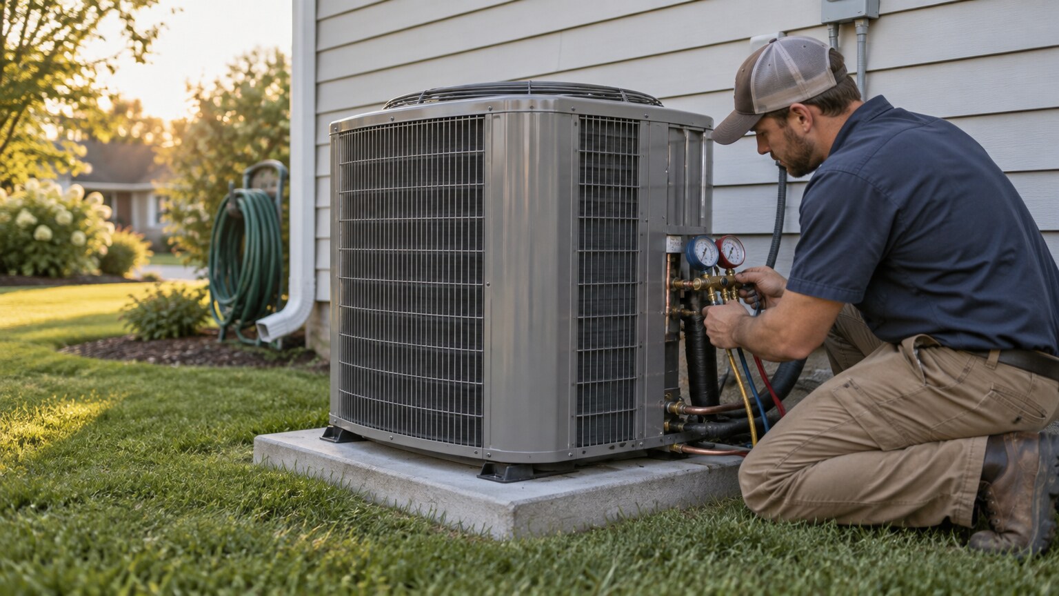 An HVAC technician kneeling at an outdoor air conditioning condenser beside a house, checking it with refrigerant gauges.