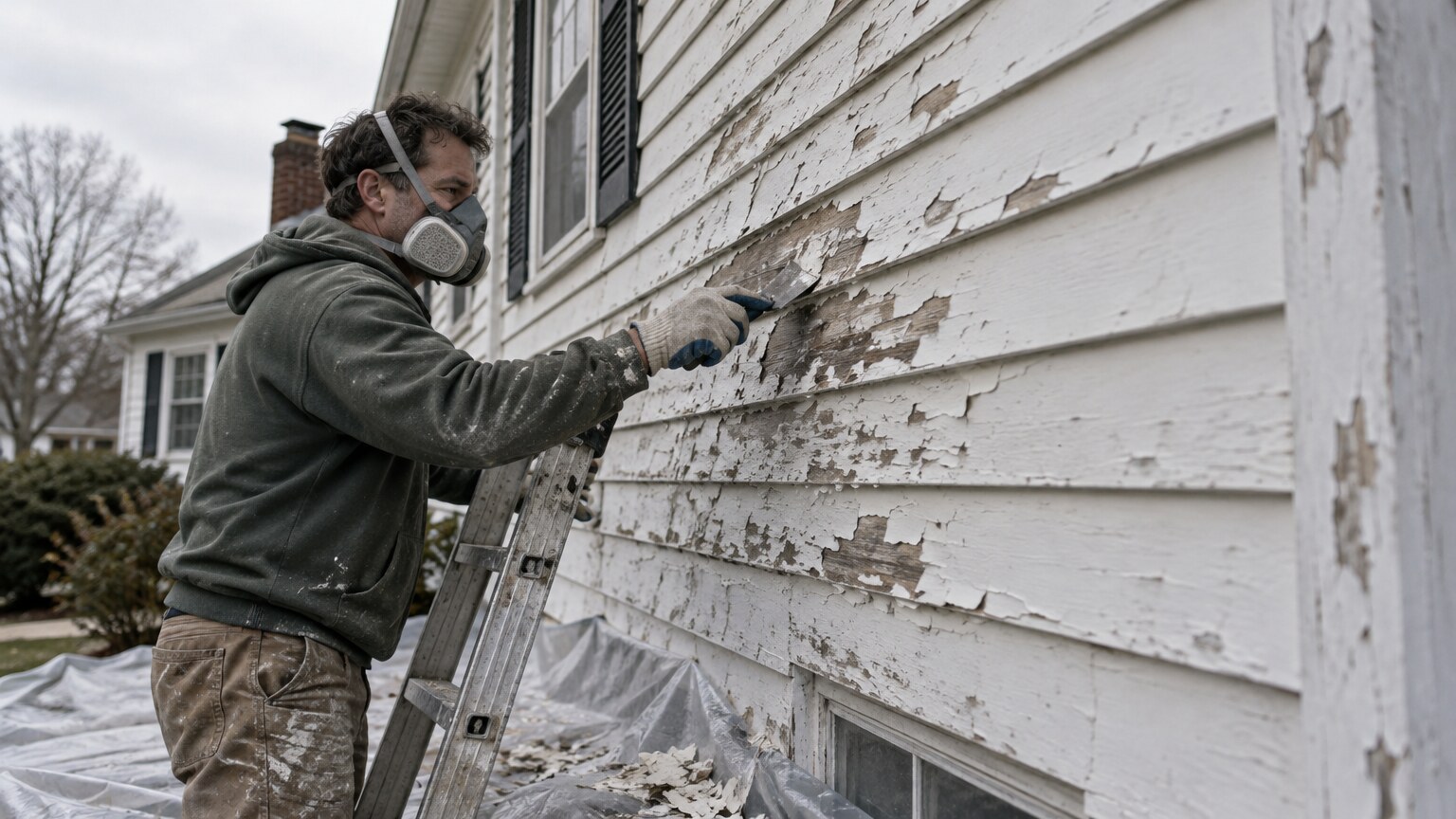 A painter in a respirator scraping peeling paint from 1950s wood clapboard siding, with plastic sheeting laid below to catch the chips.
