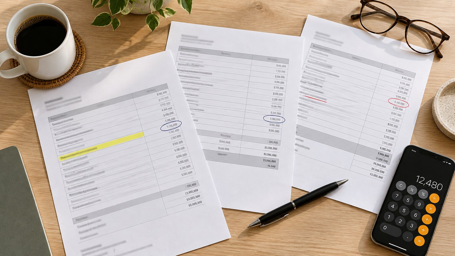 Several printed contractor quotes side by side on a table, one line highlighted and a few amounts circled in pen
