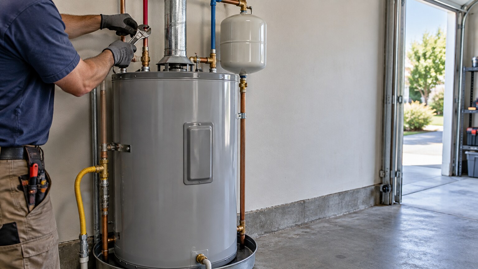 A plumber at a tank water heater in a garage, with a thermal expansion tank mounted on the cold-water line above it.