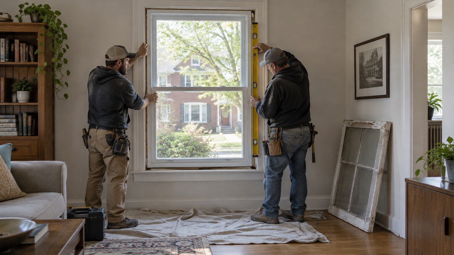 Two installers leveling a replacement window in the wall of an older house, with the old sash leaning against the wall.
